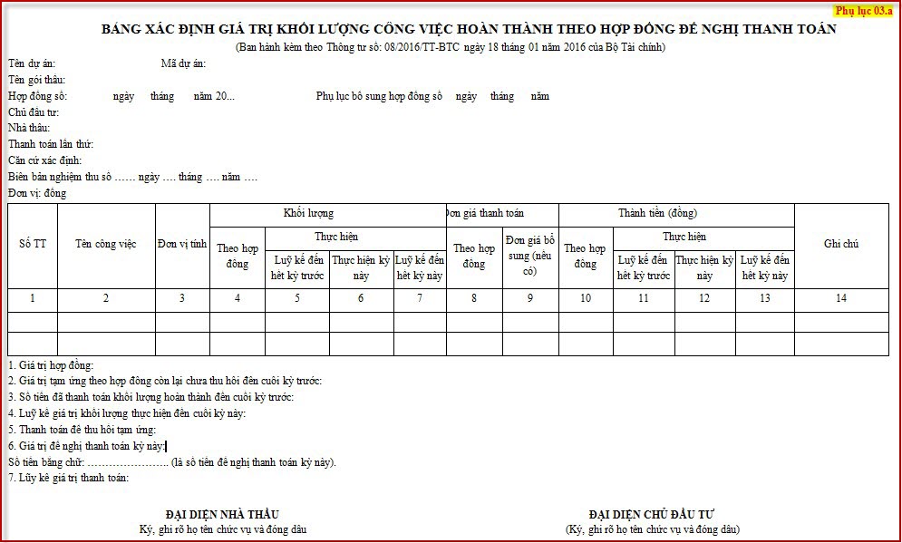 Phụ lục số 03a thanh toán khối lượng hoàn thành và Phụ lục 04 thanh toán khối lượng phát sinh