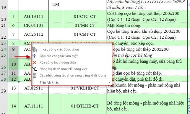 Lệnh Gộp các công tác vào chung 1 biên bản nghiệm thu xây dựng