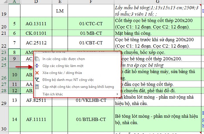 Lệnh Gộp các công tác vào chung 1 biên bản nghiệm thu xây dựng