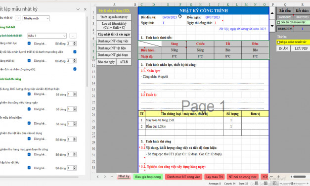 Cách để biểu mẫu nhật ký thi công khi in ra có thể co giãn linh hoạt tự động