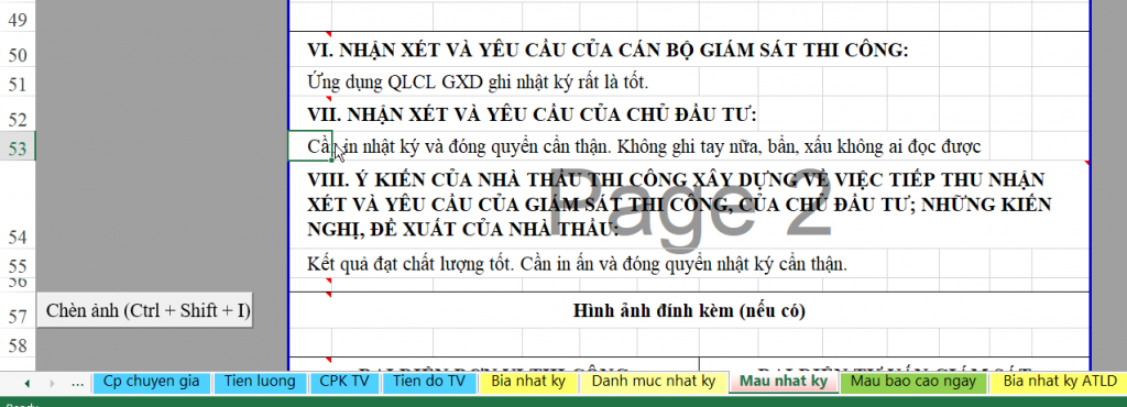 Tự động đưa kiến khác của tư vấn giám sát và nhà thầu vào nhật ký thi công và biên bản nghiệm thu