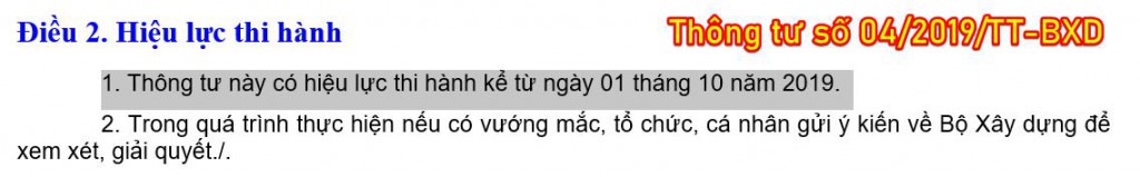 Hiệu lực thi hành Thông tư số 04/2019/TT-BXD