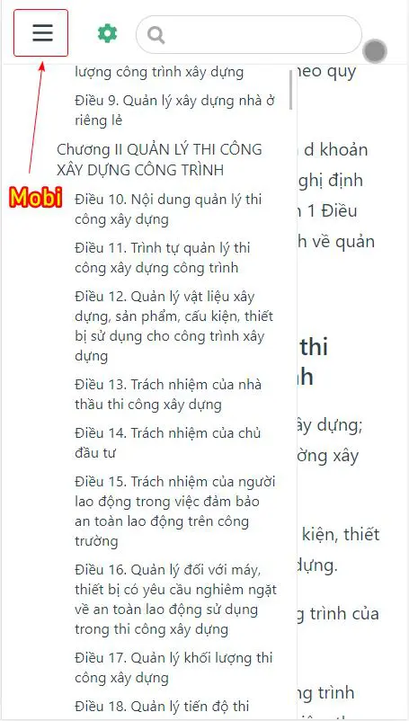 Nút menu trên mobi khi truy cập qlda.gxd.vn tra cứu văn bản